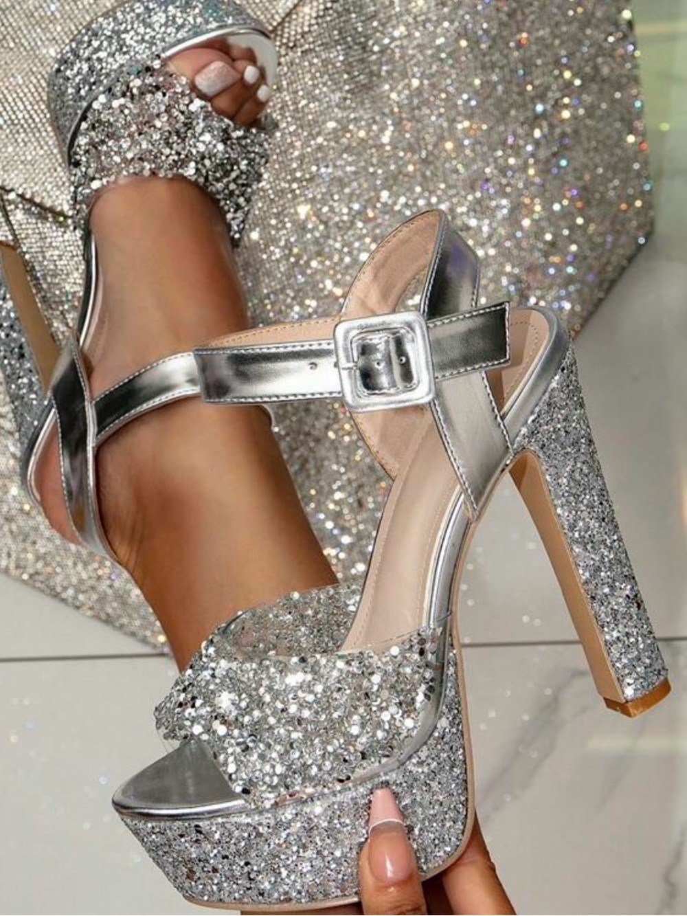 Silver glitter high heel platform block heel size 7.5